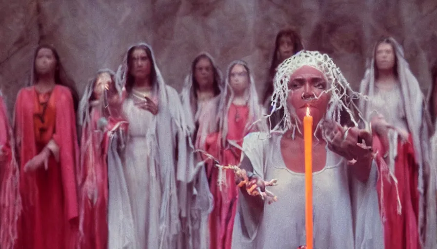 Image similar to movie still by alejandro jodorowsky, portrait of a multicultural beautiful female shamanic cult magician, performing a ritual to manifest dreams, magic details, cinestill 8 0 0 t eastmancolor technicolor, high quality, very detailed, heavy grain, fine facial features, 8 k, octane render