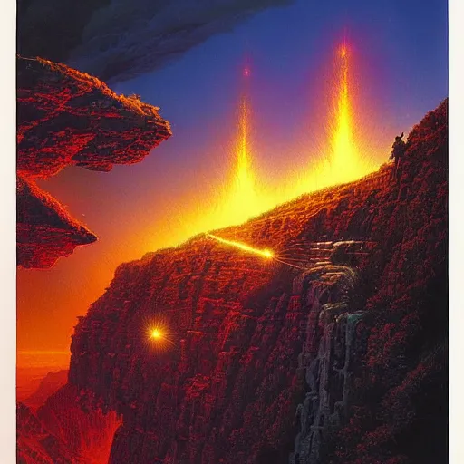 Prompt: a wide - angle beautiful painting of firefall over a high cliff. by bruce pennington, dan mumford.