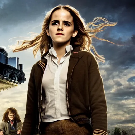 Prompt: Photo of Emma Watson as Hermione Granger on top of a tank in Hogwarts, establishing shot