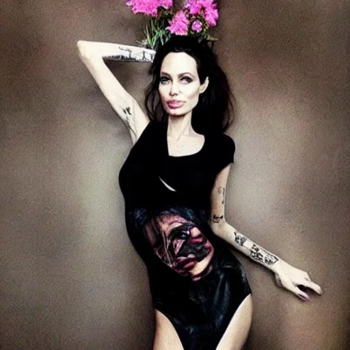 Image similar to “Angelina Jolie portrait, whole body in flower tattoo”