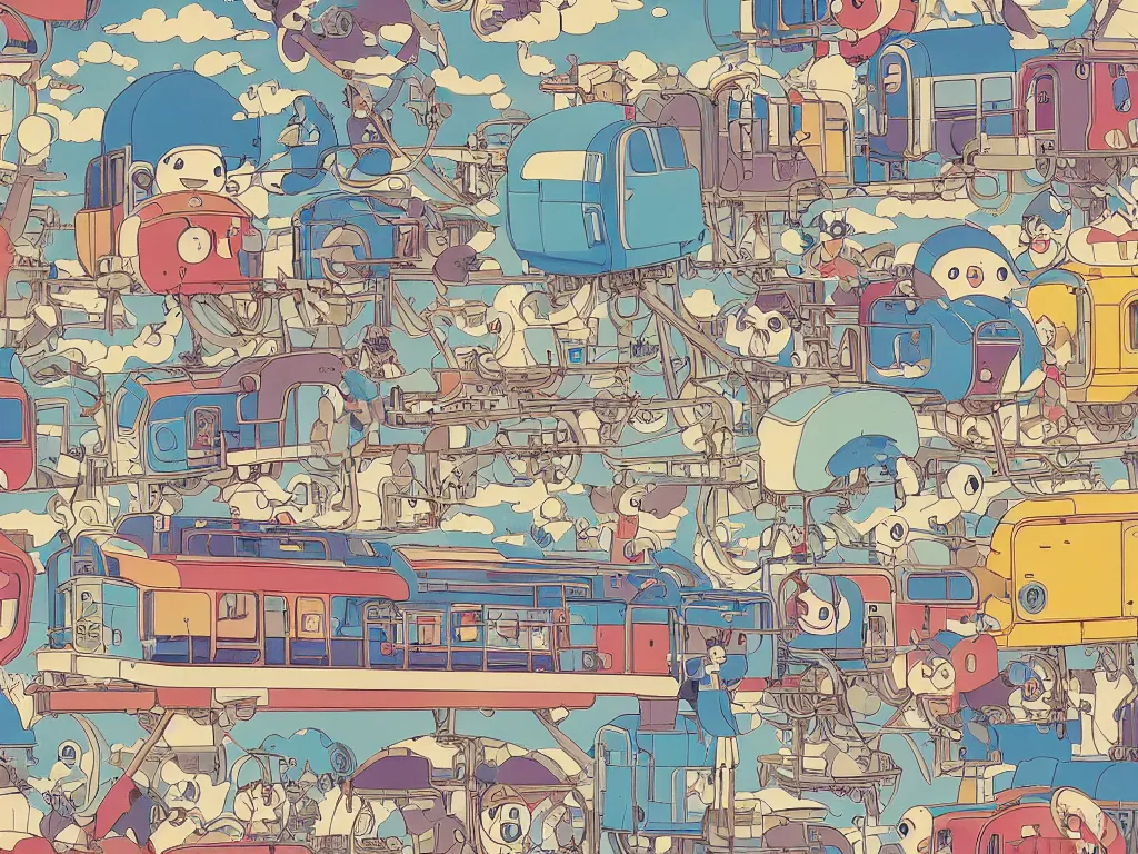 Image similar to colorful blueprint sideview of a anime train, illustration, concept art, autumn light, colorful, beautiful, studio ghibli, hayao miyazaki, takashi murakami, manga, cute and adorable