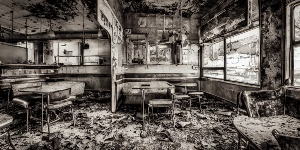 Image similar to a photograph from inside an abandoned diner