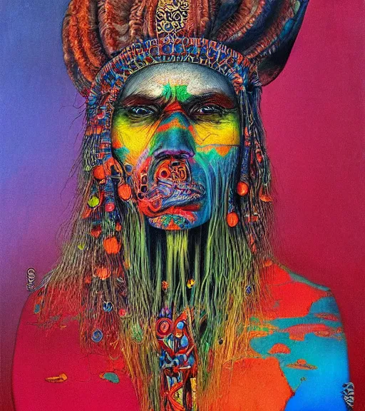 Image similar to Portrait painting in a style of Beksinski mixed with Alex Grey of an old shaman dressed in a colorful traditional clothes. Very psychodelic