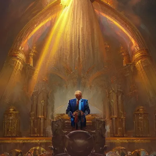 Image similar to god emperor donald trump in the style of craig mullins, greg rutkowski, peter mohrbacher, and drew struzan. epic, majestic, awe inspiring, god rays, fissures, divine, church painting, intricate armor, extreme detail, high octane,