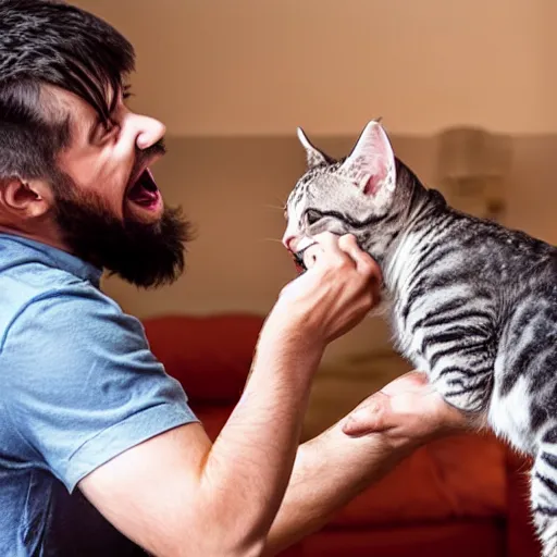 Image similar to a monster kitten tries to eat a man in his living room