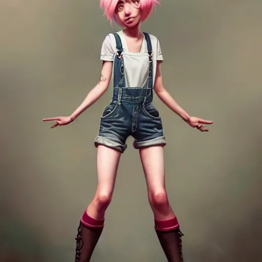 Image similar to full body pose, pixar, beautiful androgynous girl, pink pixie cut hair, torn overalls, short shorts, combat boots, fishnets, beautiful, highly detailed face, true anatomy!, extremely detailed!, digital painting, unreal engine 5, art by tom bagshaw