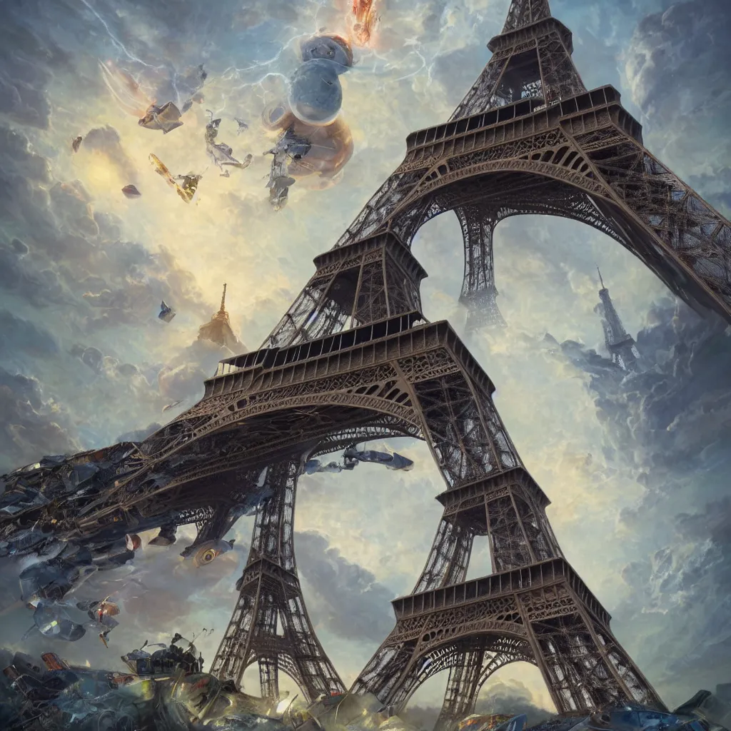 Image similar to tictac ufo crashing on the eiffel tower, hyper-realistic, Peter Mohrbacher Takayuki Takeya , dramatic cinematic lighting rendered by octane, 8k, photograph