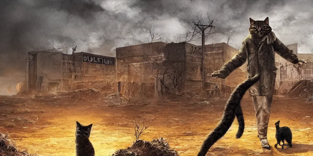 Image similar to a nuclear apocalypse with a lonely cat as the last survivor