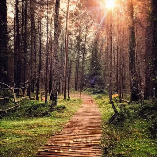 Image similar to bright nordic forest, sparkling spirits, detailed wide shot, woodwork, ground detailed, wet eyes reflecting into eyes reflecting into infinity, beautiful lighting