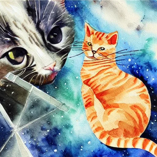 Image similar to cat doing mathematics in space. cat doing mathematics in space. watercolor. amazing painting. high resolution. highly realistic. cool tones. close - up. 8 k. trending on artstation.