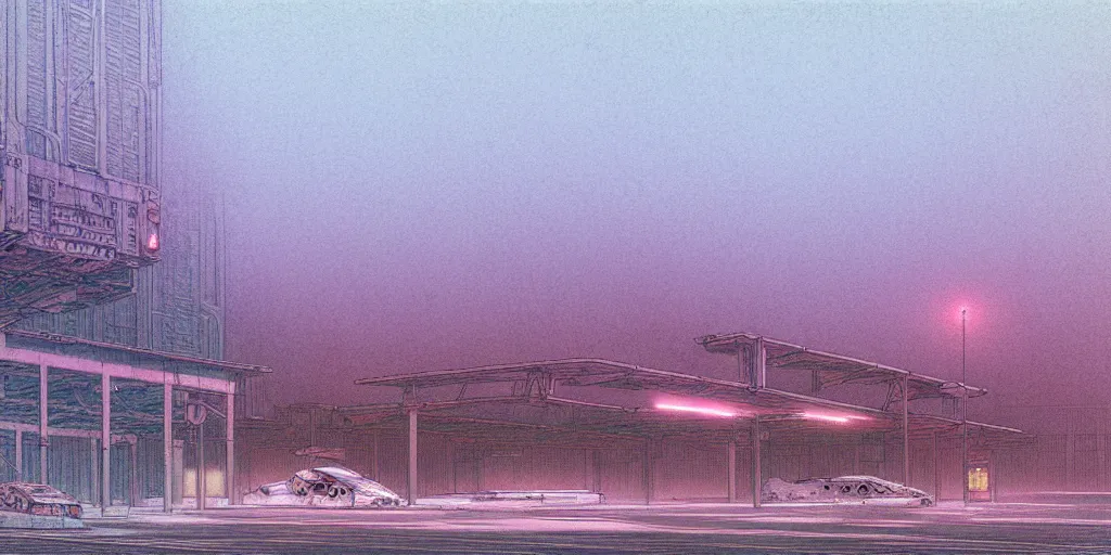 Prompt: grainy risograph matte painting of gigantic huge mech covered with wounds,, pastel matte colors, staying in the foggy huge parking station, by moebius, hyperrealism, intricate detailed