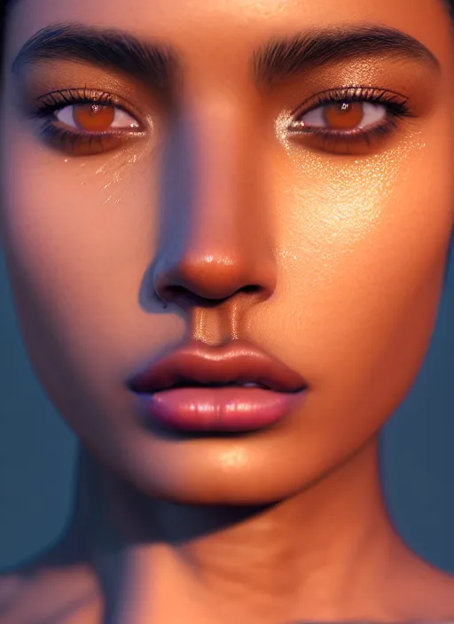 Image similar to beautiful female portrait, latina, brown skin, composite, attractive facial features, haze, intricate, symmetrical!!, makeup, maybelline, depth of field, cinematic, filmic, vsco, concept art, artstation, digital painting, elegant, model, gorgeous, vray, cinema 4 d, octane render, ambient occlusion, prism lights