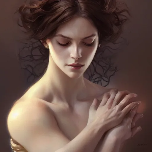 Prompt: portrait of a beautiful woman,grief, elegant, intricate, headshot, highly detailed, digital painting, artstation, concept art, sharp focus, illustration, art by artgerm and greg rutkowski and alphonse mucha