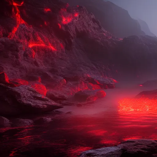 Image similar to landscape of a large Infiniti pool sitting in hell. intricate artwork by artstation. halo. octane render, cinematic, hyper realism, octane render, 8k, bokeh, demonic, dark, devil, demons, mist, red illuminating fog, rocks, hell. scheme.