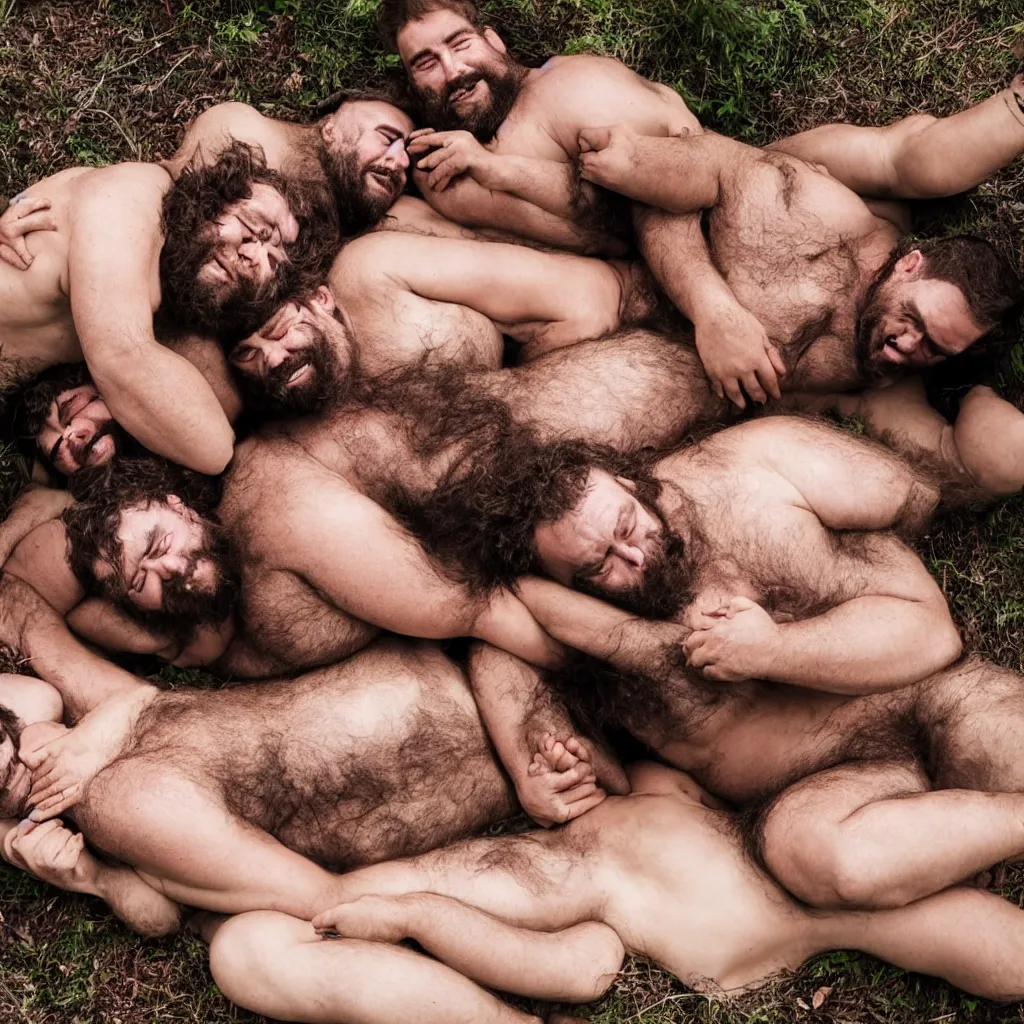 Prompt: dozens of big hairy strongmen in shorts laying down together in a bed in a forest, cuddling and kissing, photography, high details, epic, high resolution