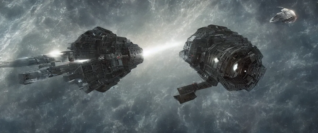 Image similar to concept art, a single exploration spaceship drifting in space, the expanse tv series, industrial design, lost in the immensity of space, spatial phenomenon, space debris, cinematic lighting, 4k, greebles, widescreen ratio, wide angle, beksinski, sharp shapes, maximalist, film grain