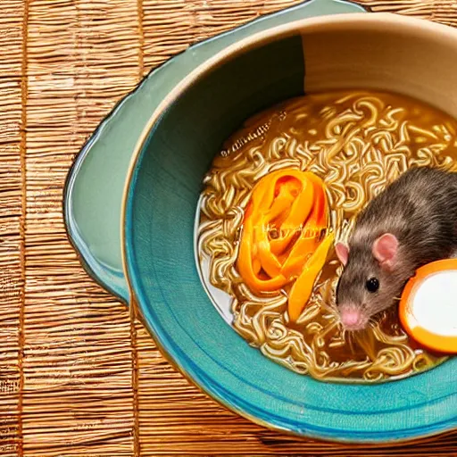 Image similar to rat in japanese ramen bowl, michelin star restaurant, award winning photo, food photography, 8 k