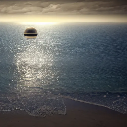 Image similar to the death star floating above a beautiful beachfront, raining gold, unreal engine rendering, highly detailed