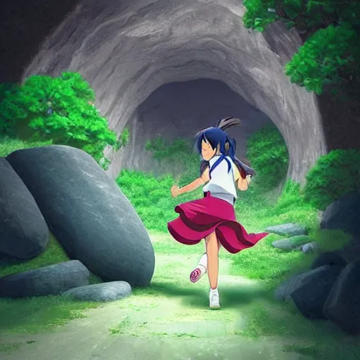 Image similar to “Indians jones as an anime girl running away from a rolling giant stone boulder trap inside an ancient stone temple, stunning digital art”