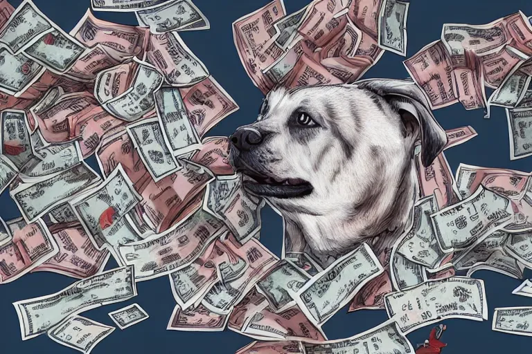 Prompt: MrBeast making a dog pick between a pile of money and dog treats! Youtube thumbnail. Stylized Digital Art. 4K HD Wallpaper.