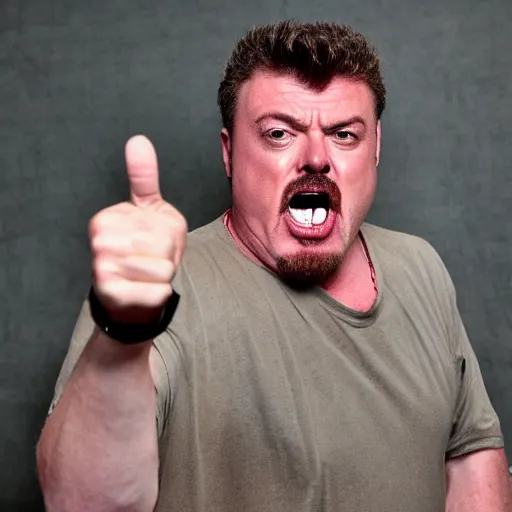 Image similar to robb wells. pointing at the camera, shouting mean words, angry, red faced. fisheye lens