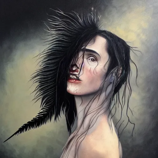 Image similar to detailed realistic oil painting youthful young jennifer connelly with black feathers instead of hair, dark fae, black lips, gray mottled skin, feathers growing out of skin, feathers growing from arms, black hands with long black claws, pale and sickly, profile view, gothic