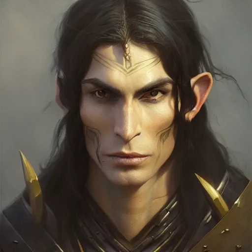 Image similar to character design, portrait of a attractive half elf half orc male with long black hair and proeminent cheekbones, medieval, dark armor, painting by wlop, nixeu and greg rutkowski, beautiful, cgsociety, semirealism, artstation, octane render, sharpness, 8 k, golden ratio