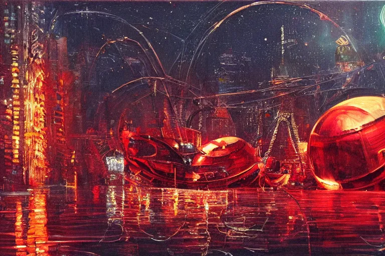 Image similar to river boats speeding between spherical tree houses on flooded streets of new york painting, red and green palette, night lights, starry sky, by ( ( ( ( ( ( ( ( ( h. r. giger ) ) ) ) ) ) ) ) ) and paul lehr