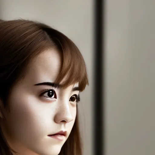 Image similar to japanese version of emma watson, portrait, close up, shallow depth of field, award winning,