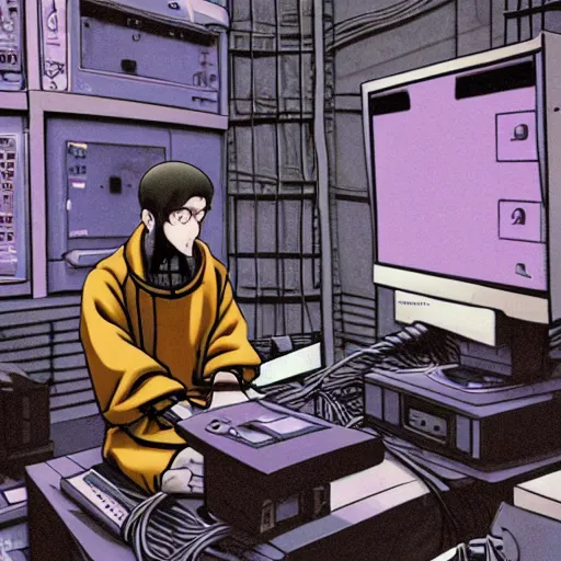 Prompt: cyberpunk mount athos priestly hacker monk meditating in his study surrounded by wires and crt terminals, anime scene interior wide-angle in the style of serial experiments lain, 2d cinematic