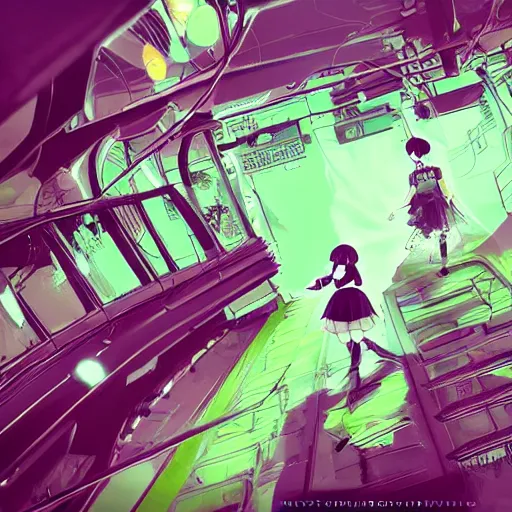 Image similar to Frequency indie album cover, luxury advertisement, green filter, green and black colors. highly detailed post-cyberpunk sci-fi close-up schoolgirl in asian city in style of cytus and deemo, mysterious vibes, by Ilya Kuvshinov, by Greg Tocchini, nier:automata, set in half-life 2, beautiful with eerie vibes, very inspirational, very stylish, with gradients, surrealistic, dystopia, postapocalyptic vibes, depth of field, mist, rich cinematic atmosphere, perfect digital art, mystical journey in strange world, beautiful dramatic dark moody tones and studio lighting, shadows, bastion game, arthouse