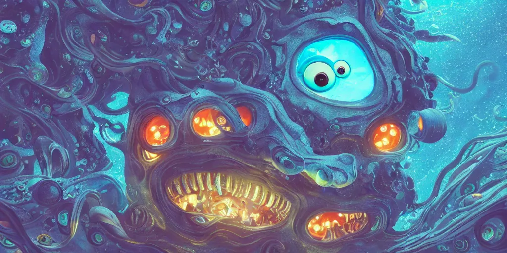 Image similar to of an intricate deep sea with strange cute friendly happy creatures with huge eyes, long tongue, round teeth and goofy funny face, appearing from the background, in the style of gehry and gaudi, macro lens, shallow depth of field, ultra detailed, digital painting, trending artstation, concept art, illustration, cinematic lighting, photorealism, epic, octane render