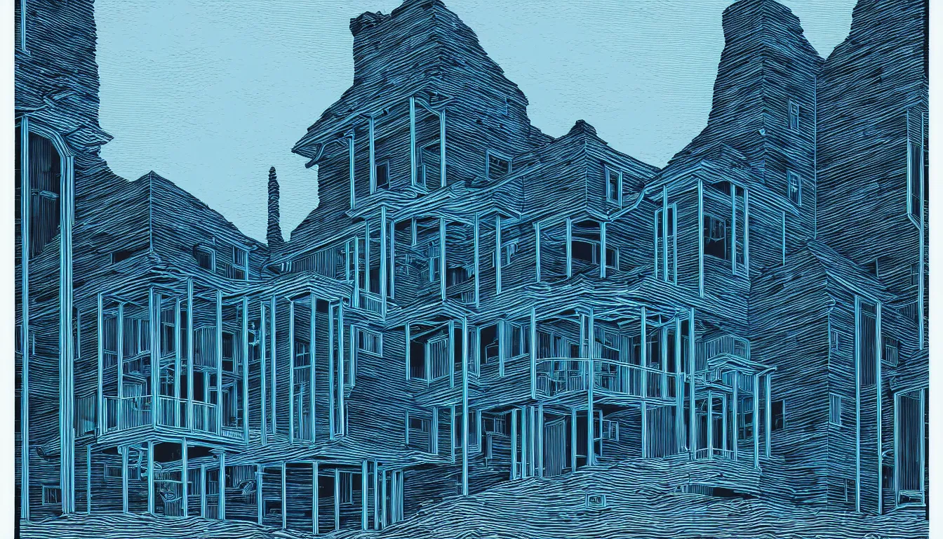 Image similar to blue lit raven lair by dan mumford and peter doig and edward hopper, symmetrical, minimal, black ink, thick lines highly detailed, muted colours 8 k