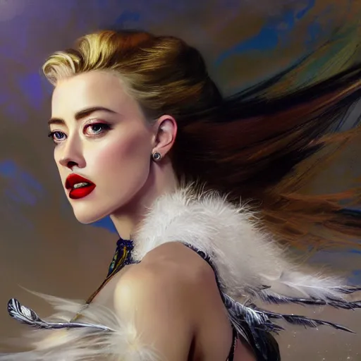 Image similar to hyperrealistic portrait of a woman as amber heard performing noir singing dance in a white swan dress wearing sapphire jewellery feather collar by jeremy mann and alphonse mucha, fantasy art, photo realistic, dynamic lighting, artstation, poster, volumetric lighting, very detailed faces, 4 k, award winning