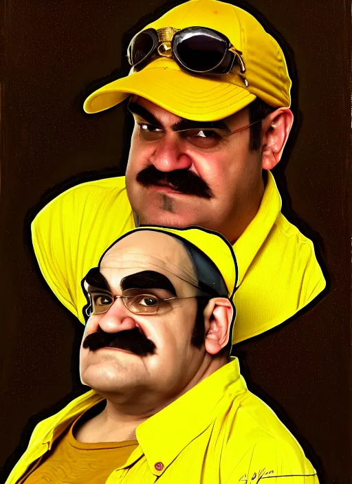 Prompt: oil portrait of wario wearing a yellow cap, intricate, elegant, highly detailed, lighting, painting, artstation, smooth, illustration, art by greg rutowski and alphonse mucha