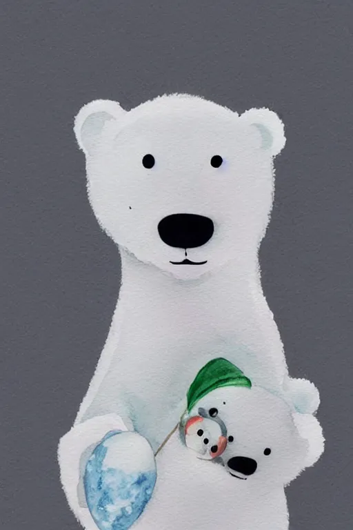 Image similar to a cute anime polar bear holding a porcelain, watercolor, white background, lovely