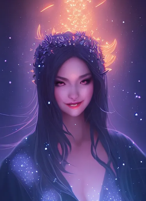 Image similar to a goddess of the night surrounded by fireflies, highly detailed, artgerm style, artstation, soft light, sharp focus, illustration, character design, concept art