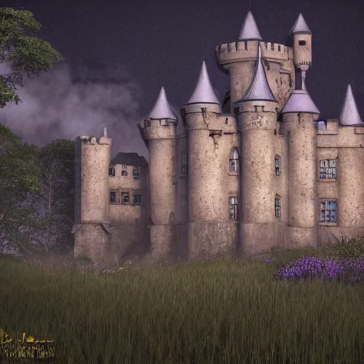 Prompt: abandoned castle, ultra realistic, 8 k, purple fog, dark, ultra detailed, highly detailed, fantastically detailed, illustration, night time, cinematic