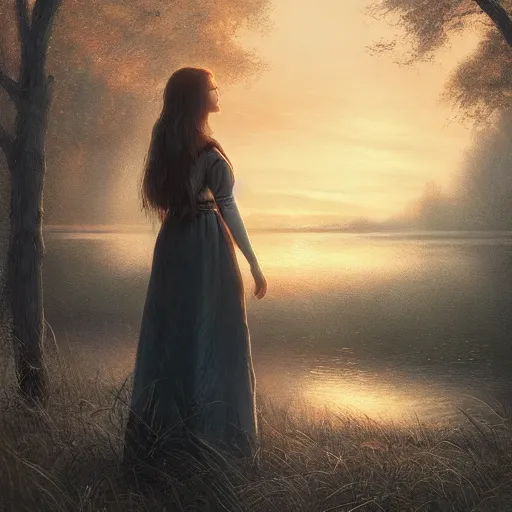 Image similar to beautiful young woman by the lake, sunset, high detail, dramatic light, digital art, painted by seb mckinnon and greg rutkowski, trending on artstation