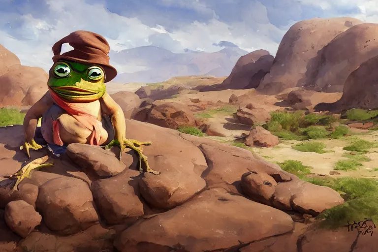 Prompt: watercolor painting of pepe the frog in rocky desert landscape closeup, ambient lighting, art by hans gude, art by hans dahl, by jesper ejsing, art by anders zorn, wonderful masterpiece by greg rutkowski, cinematic light, american romanticism by greg manchess, creation by tyler edlin