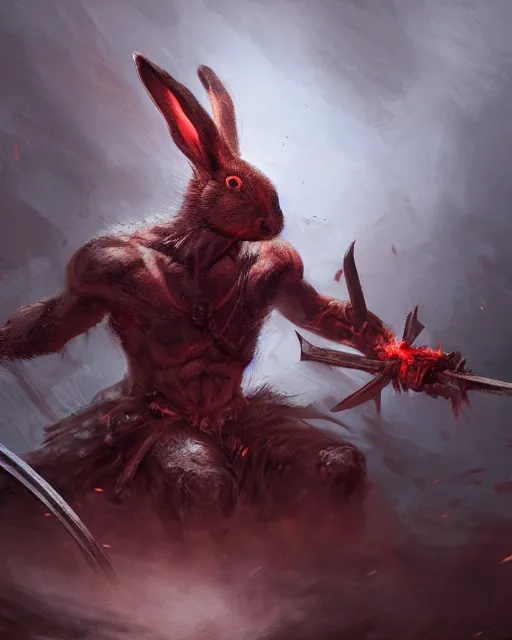 Image similar to Rabbit Berserker, rage, maniac, war paint, red, Khorne, magic the gathering artwork, D&D, fantasy, cinematic lighting, centered, symmetrical, highly detailed, digital painting, artstation, concept art, smooth, sharp focus, illustration, volumetric lighting, epic Composition, 8k, art by Akihiko Yoshida and Greg Rutkowski and Craig Mullins, oil painting, cgsociety