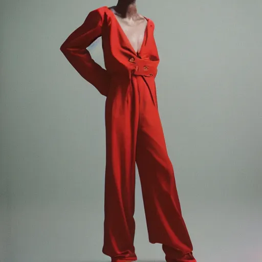 Image similar to realistic photoshooting for a new balenciaga lookbook, color film photography, portrait of a beautiful woman, woman is wearing a jumpsuit, in style of Tyler Mitchell, 35mm,