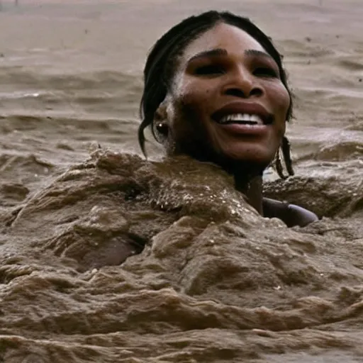 Prompt: film still, close up, serena williams rising out of muddy vietnam river, face covered in mud, low camera angle at water level, night time, film still from apocalypse now ( 1 9 7 9 ), 2 6 mm.