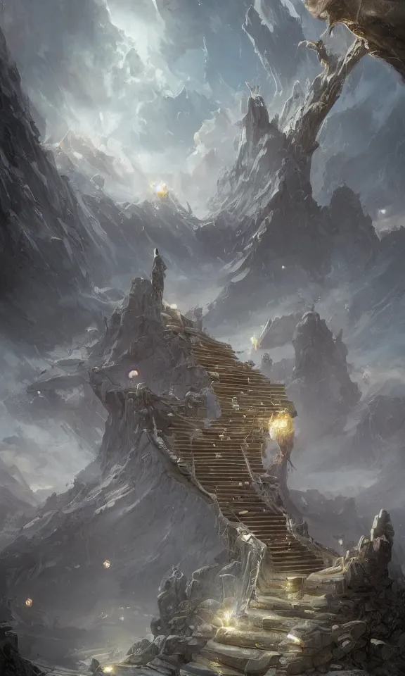 Image similar to endless stairs to universe, sky full of clouds, art by greg rutkowski and peter mohrbacher, featured in artstation, octane render, cinematic, elegant, intricate, ultra detailed, rule of thirds, professional lighting, unreal engine, fantasy, concept art, sharp focus, illustration, 8 k