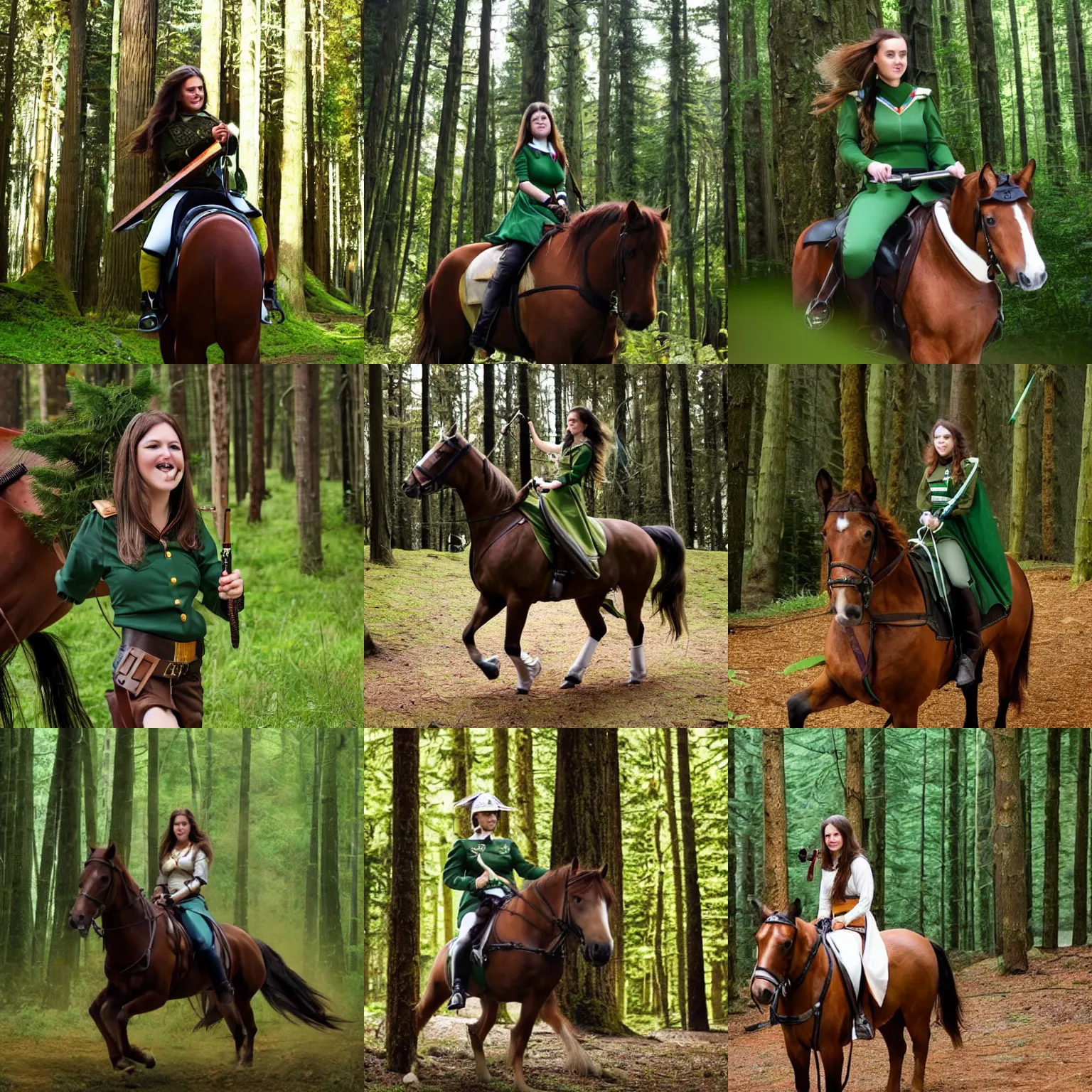 Prompt: a young woman with long brown hair wearing a green uniform with saber at hand, riding a horse through an evergreen forest