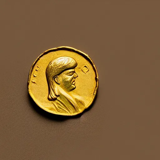 Prompt: an ancient roman gold coin with the face of donald trump, close up photo, ultra realistic, studio photo, bokeh.