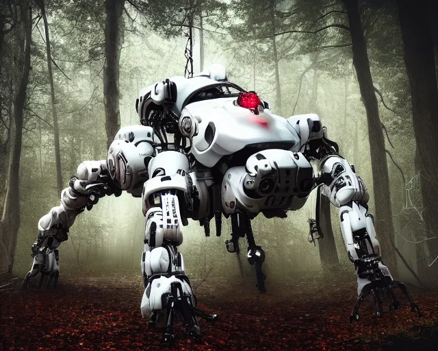 Image similar to photo of a giant huge white terminator spider with heavy duty biomechanical hydraulic cybernetic body with antennas and visor cogs and gears and components in the forest. cyberpunk horror style. highly detailed 8 k. intricate. nikon d 8 5 0 5 5 mm. award winning photography.