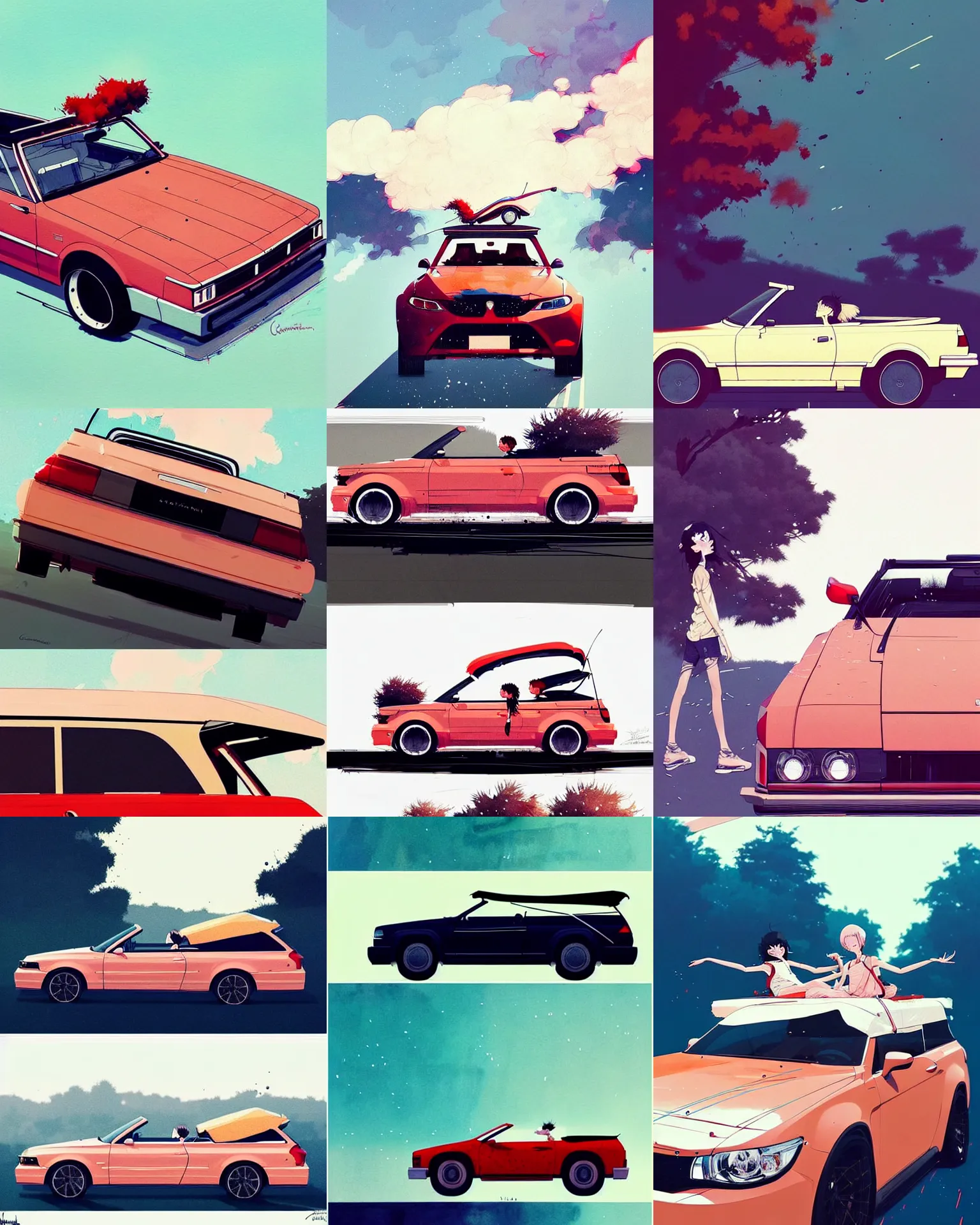 Prompt: captivating, memorable, a ultradetailed beautiful photo of a station wagon convertible, joyous, wide, by conrad roset, greg rutkowski and makoto shinkai trending on artstation