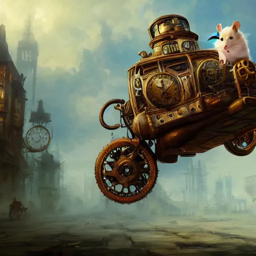 Image similar to oil painting of steampunk hamster riding on duck, steampunk city background, sharp focus, fantasy style, octane render, volumetric lighting, 8k high definition, by greg rutkowski, highly detailed, trending on art Station, explosions, magic the gathering artwork, centered