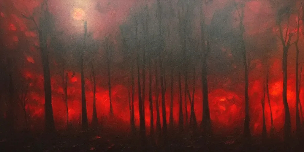 Image similar to a beautiful oil painting of a dark forest under the blood moon, thunderstorm in the sky red lighting gloomy atmospheric